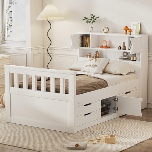 White Twin Size Wood Captain Platform Bed with Bookcase Headboard A6910
