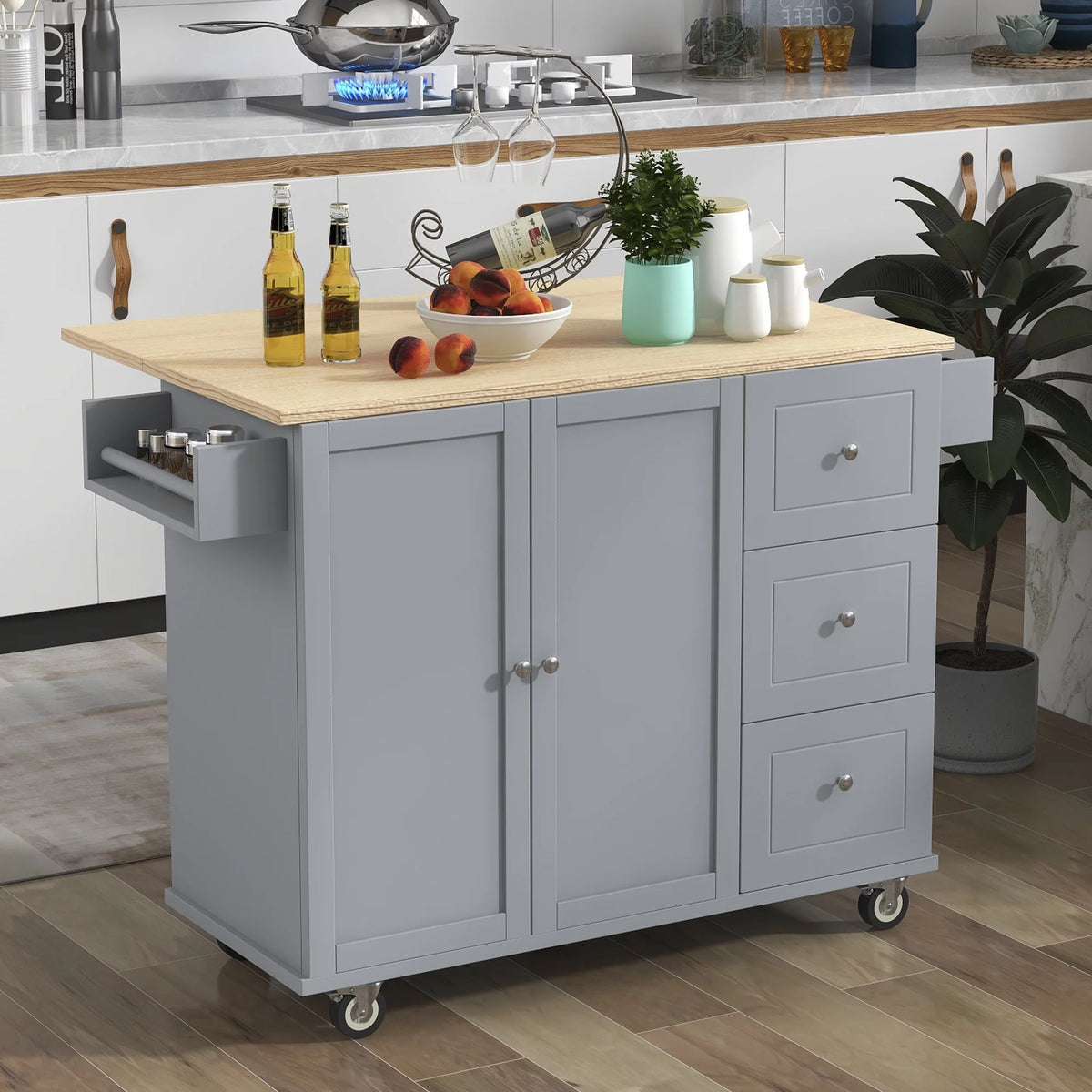 Rolling Mobile Kitchen Island with Storage Cabinet and Drop Breakfast Bar C393