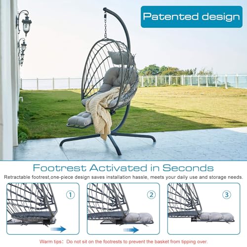 Hanging Egg Chair with Stand and Leg Rest Rattan Wicker Swing Hammock Chair D77486