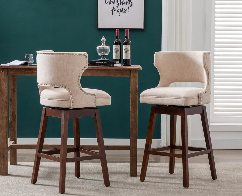 30" Beige Linen Upholstered Swivel Bar Stool Set of 2 with Wooden Legs S427705