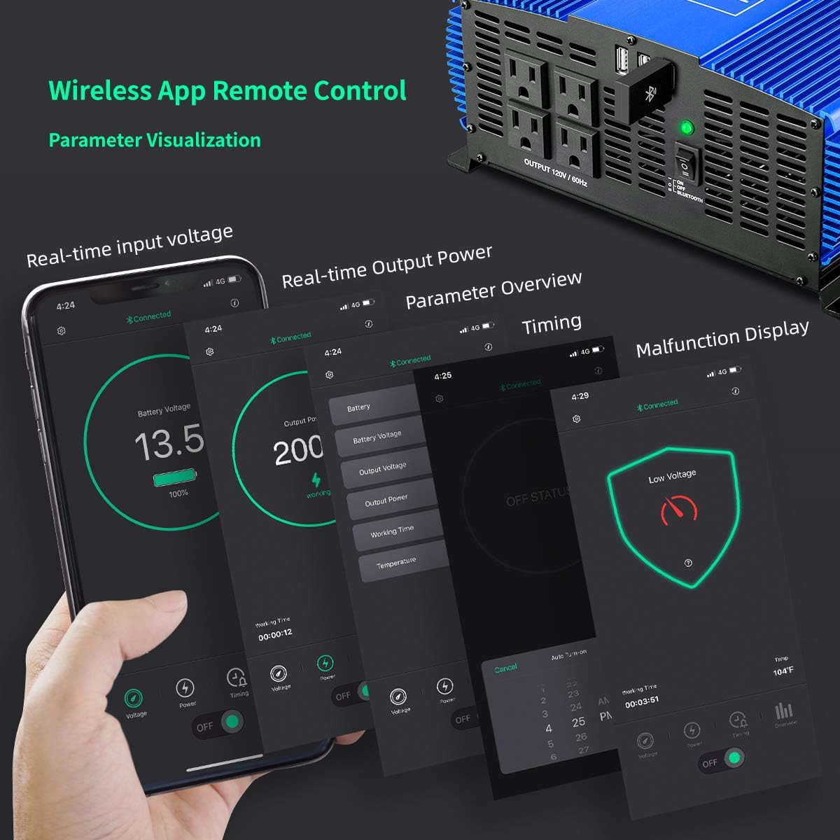 3000W Pure Sine Wave Power Inverter 12V DC to 110V AC with 4 AC Outlets 2 USB Ports N8966