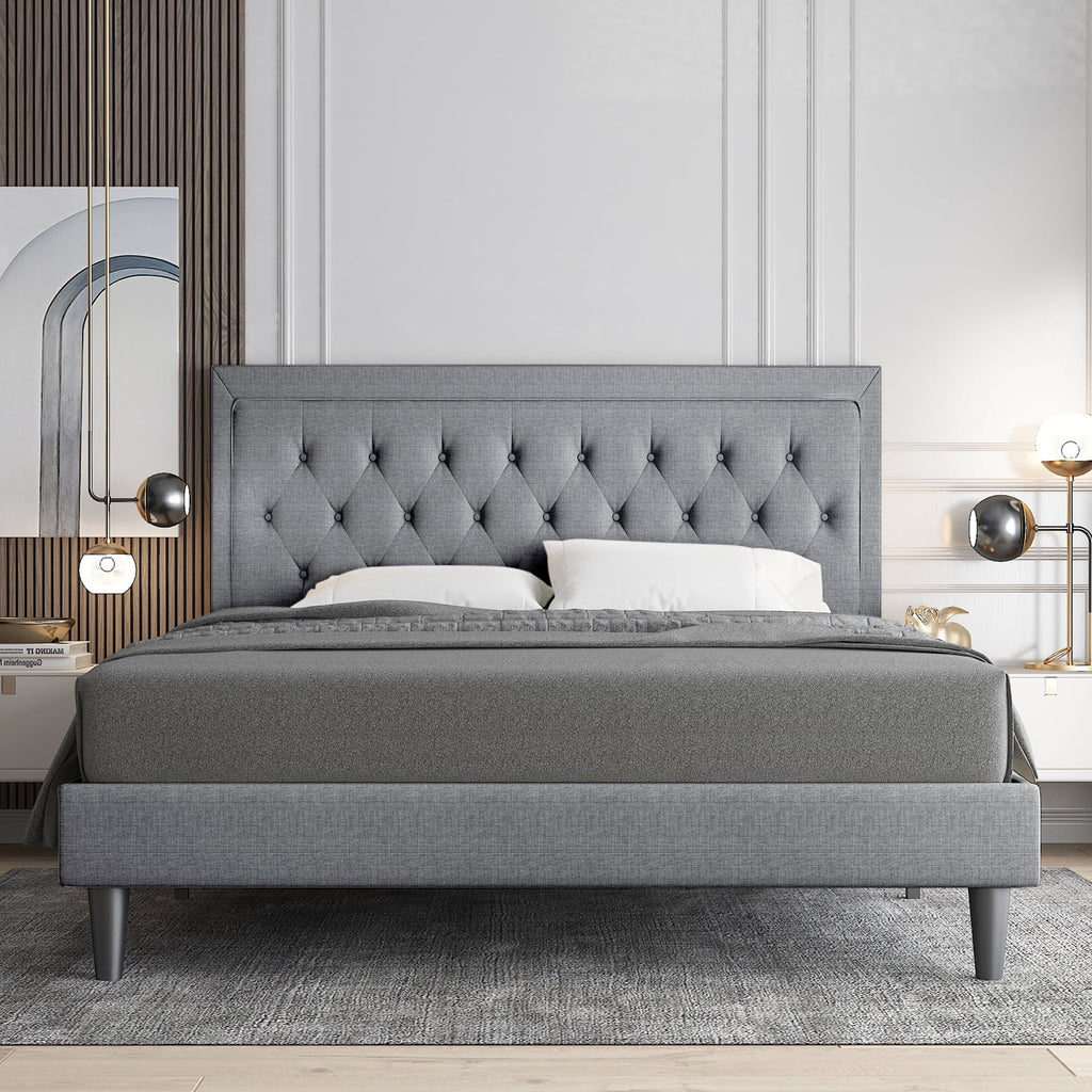 Queen Size Upholstered Platform Bed with Adjustable Headboard V21381