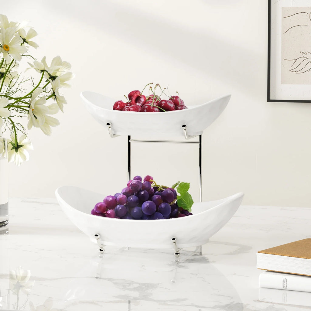 2 Tier Ceramic Fruit Bowl with Metal Rack I2368