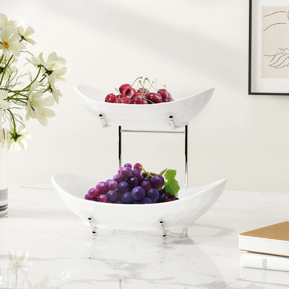 2 Tier Ceramic Fruit Bowl with Metal Rack I2368