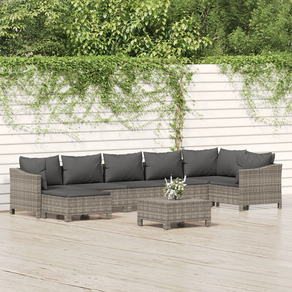 8 Piece Patio Set with Cushions Gray Poly Rattan M7823