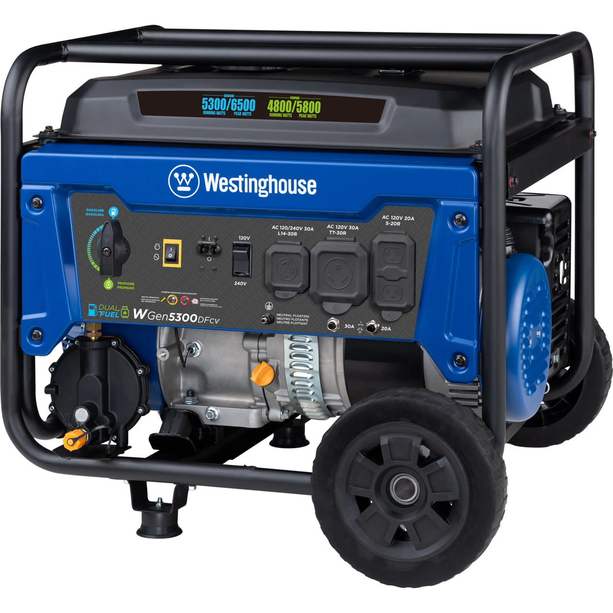 6500 Peak Watt Dual Fuel Portable Generator with CO Sensor and Wheel Kit O256