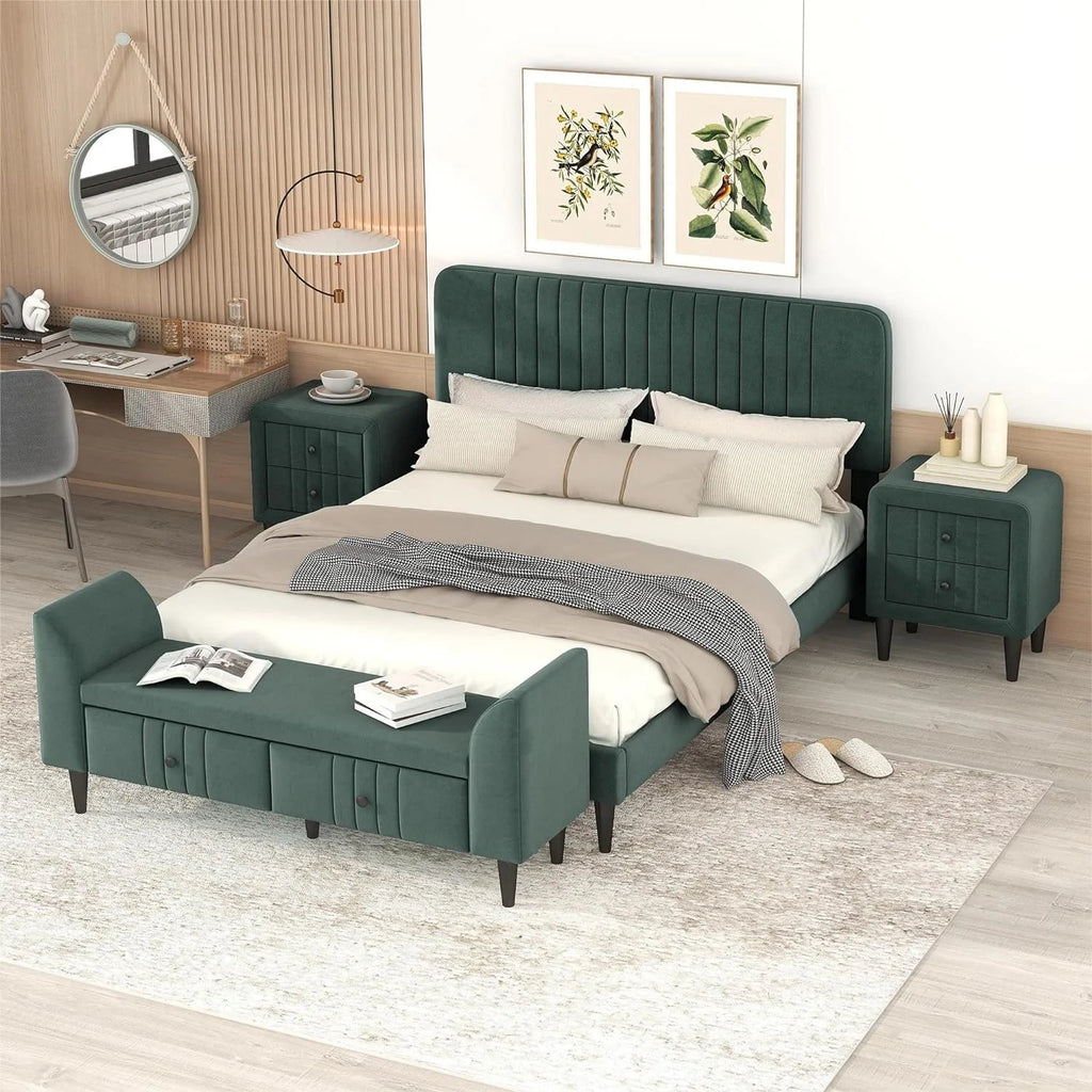 Queen Size Upholstered Platform Bed with Storage Bench A900