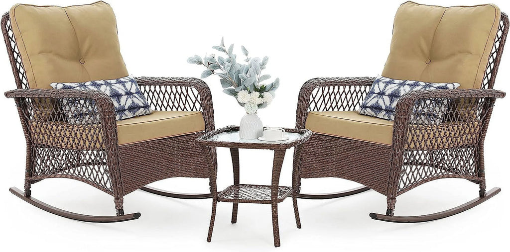 3-Piece Wicker Outdoor Rocking Chairs with Cushions and Table U886