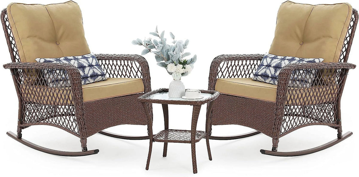 3-Piece Wicker Outdoor Rocking Chairs with Cushions and Table U886