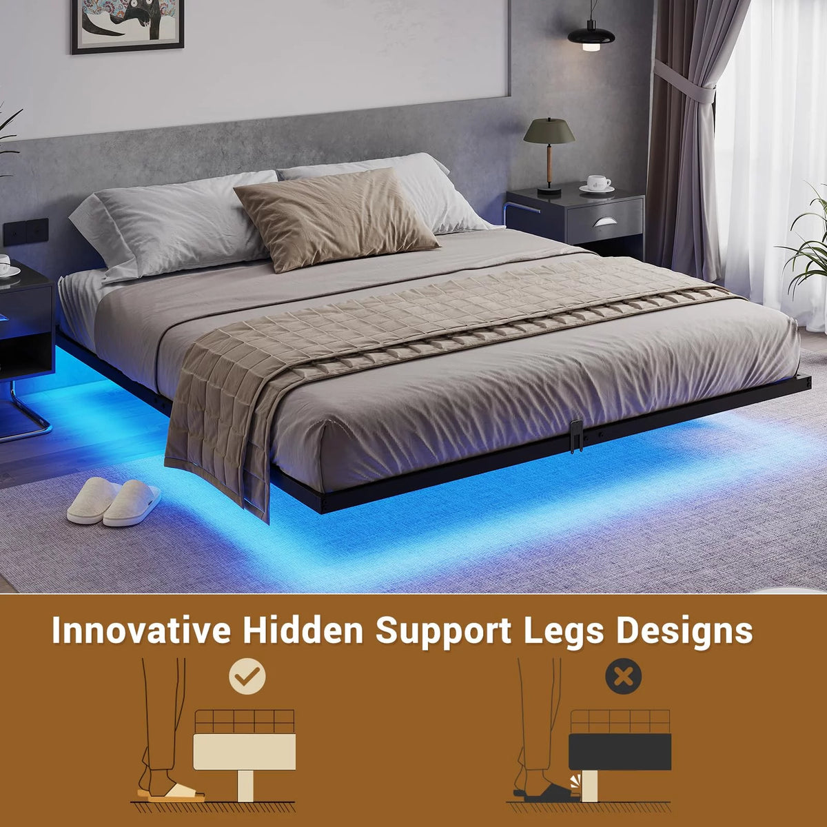 Queen Size Black Metal Platform Bed Frame with LED Lights Q4750