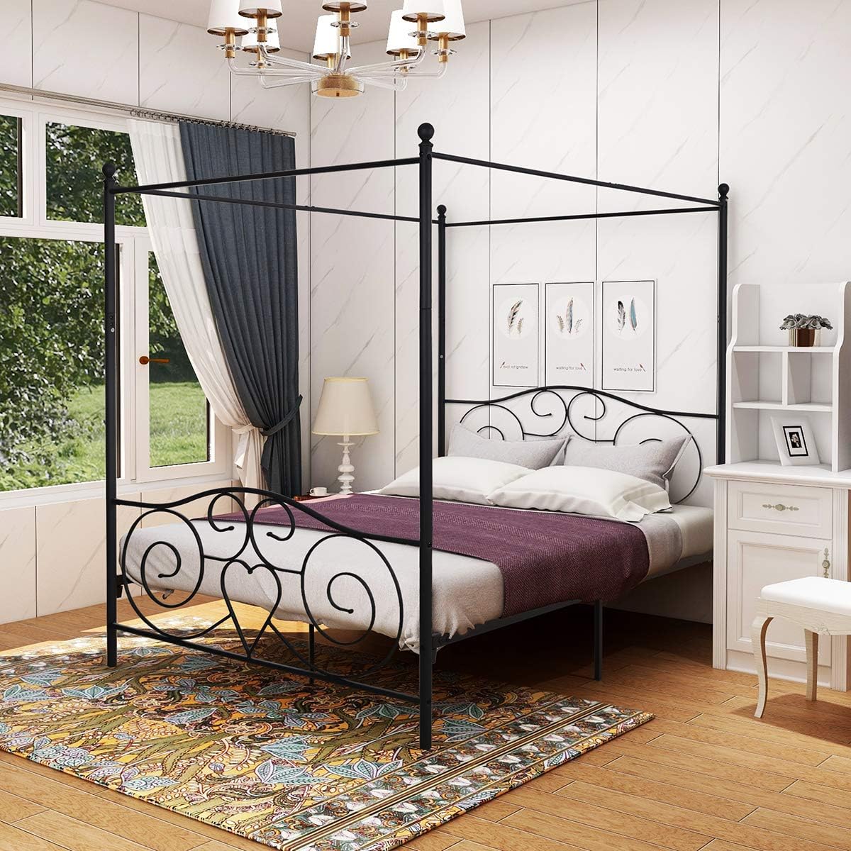 Queen Size Black Metal Canopy Bed Frame with Headboard and Footboard H257970