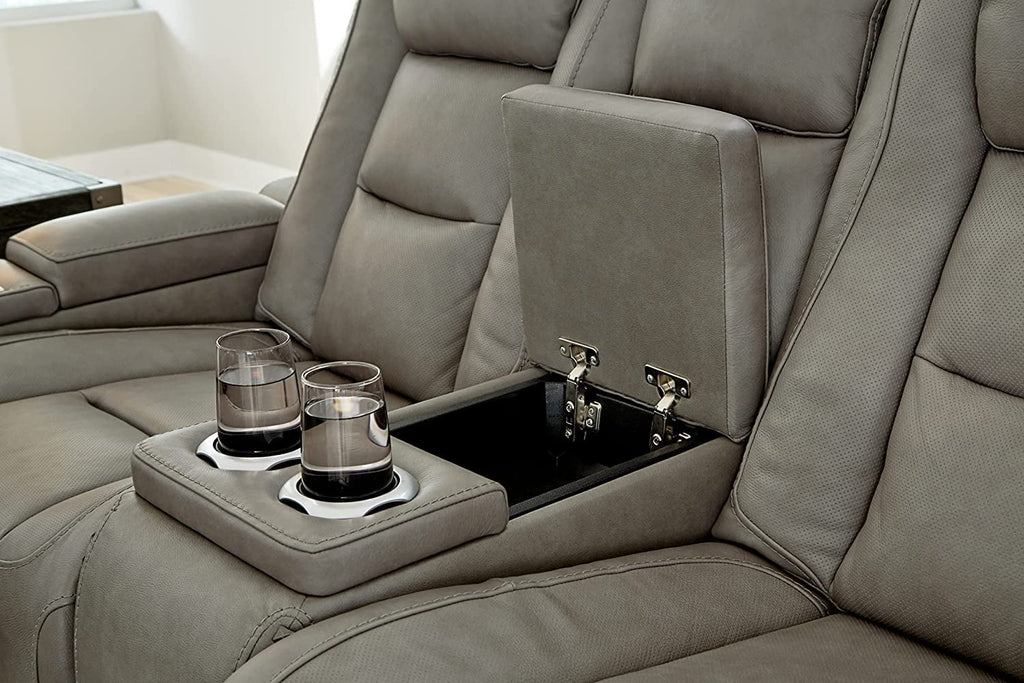 Gray Leather Power Reclining Loveseat F9547