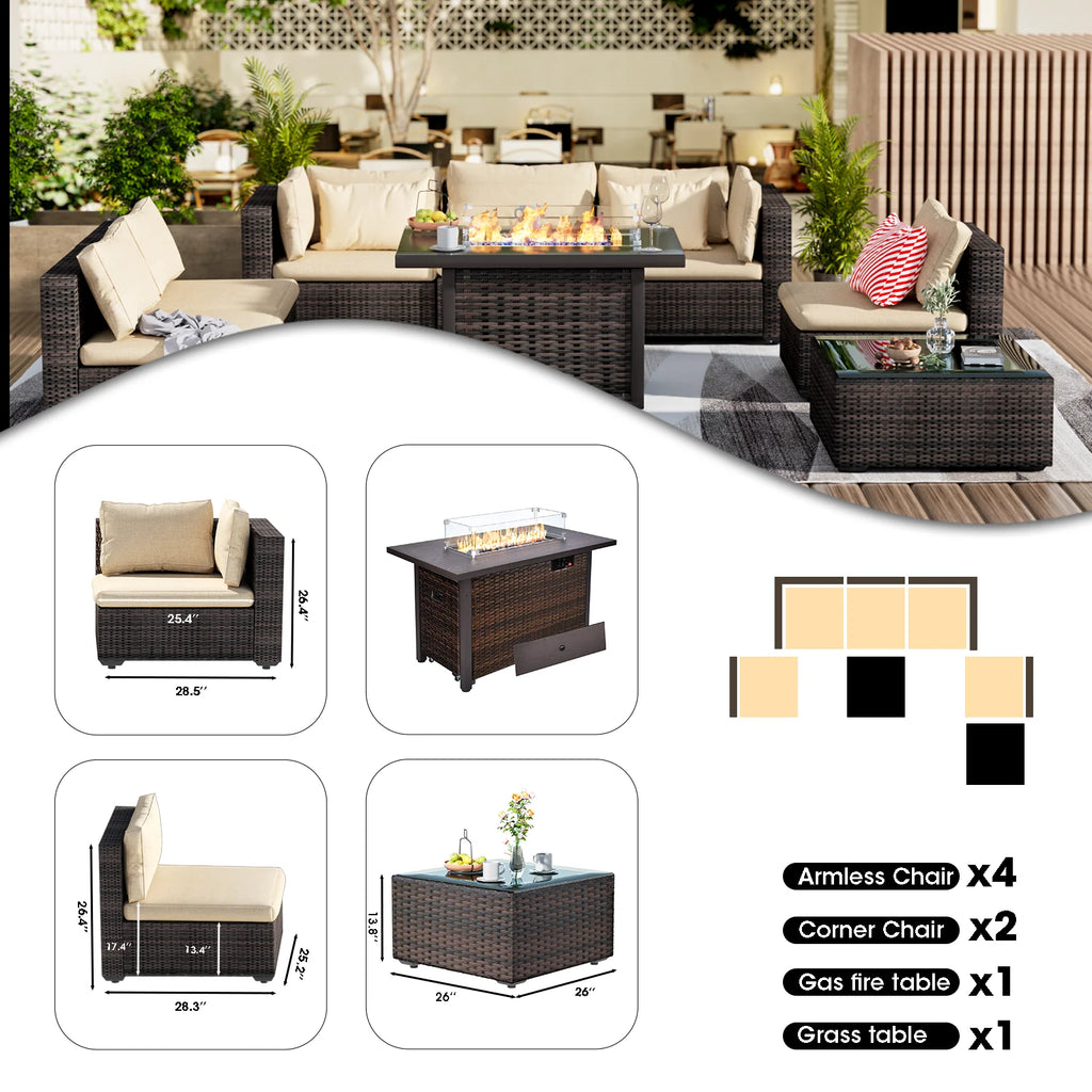 8 Pieces All Weather Wicker Sectional Sofa Set with Black-Glass Table R471