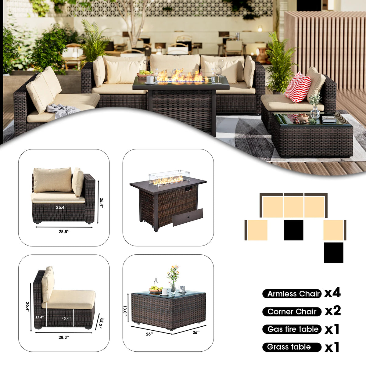 8 Pieces All Weather Wicker Sectional Sofa Set with Black-Glass Table R471