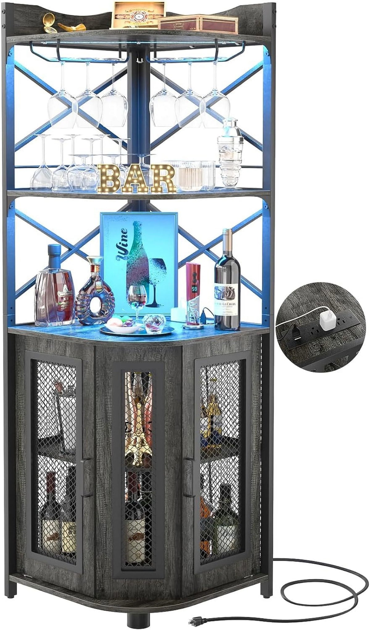 Black Corner Bar Cabinet with Power Outlet N29300