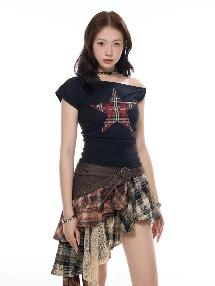 Irregular Plaid Ruffle Skirt L58664