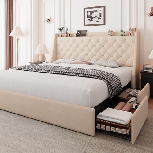 Light Grey Upholstered Full Size Bed Frame with 4 Storage Drawers R1073