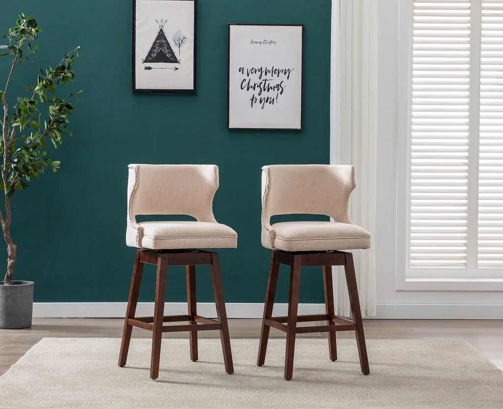 30" Beige Linen Upholstered Swivel Bar Stool Set of 2 with Wooden Legs S427705