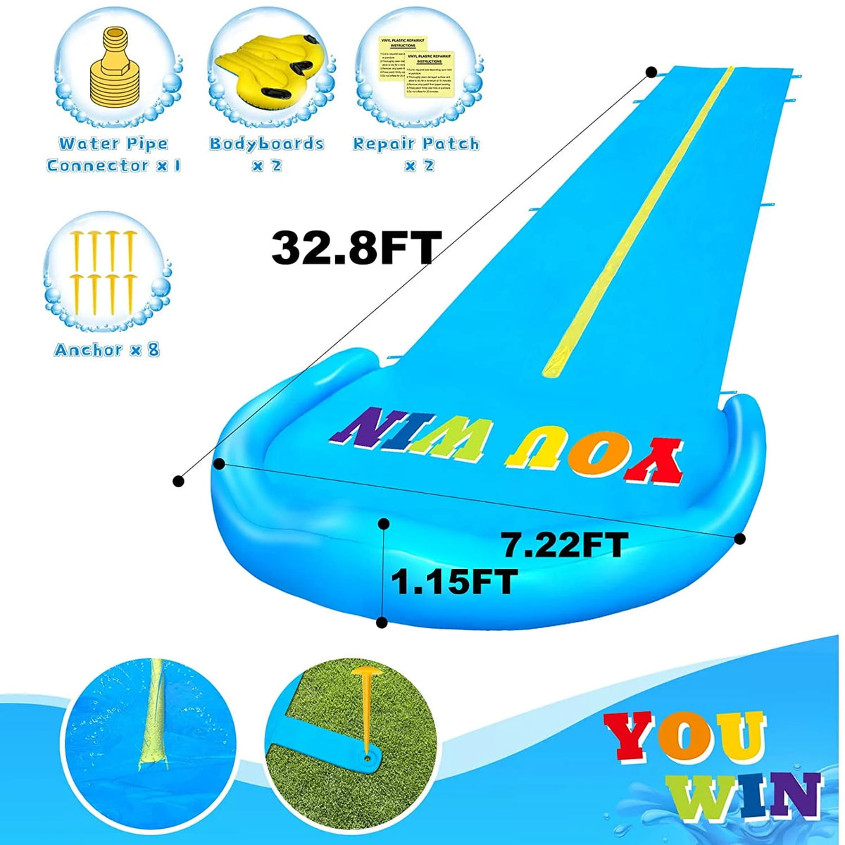 32.8FT Inflatable Water Slide with 2 Racing Lanes and 2 Bodyboards P46893