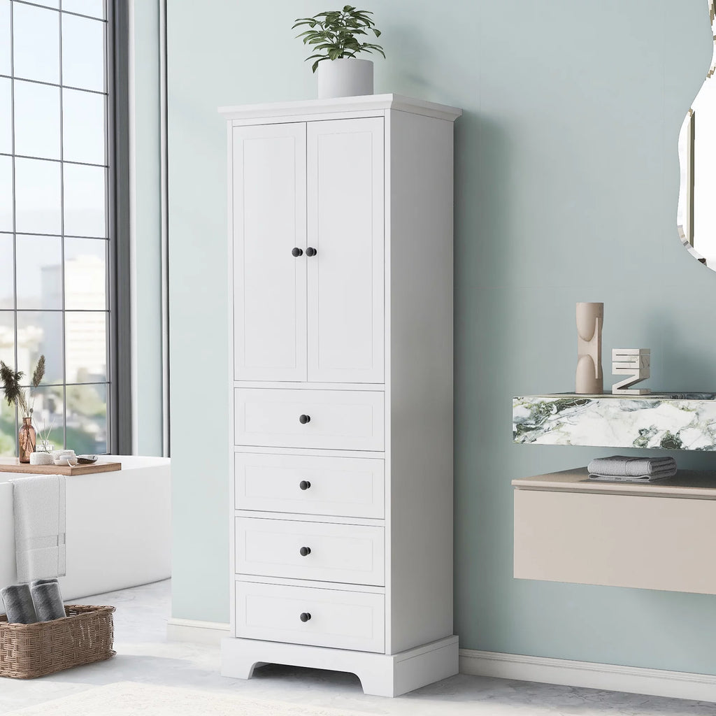 White Wooden Storage Cabinet with Adjustable Shelves and Drawers I46220