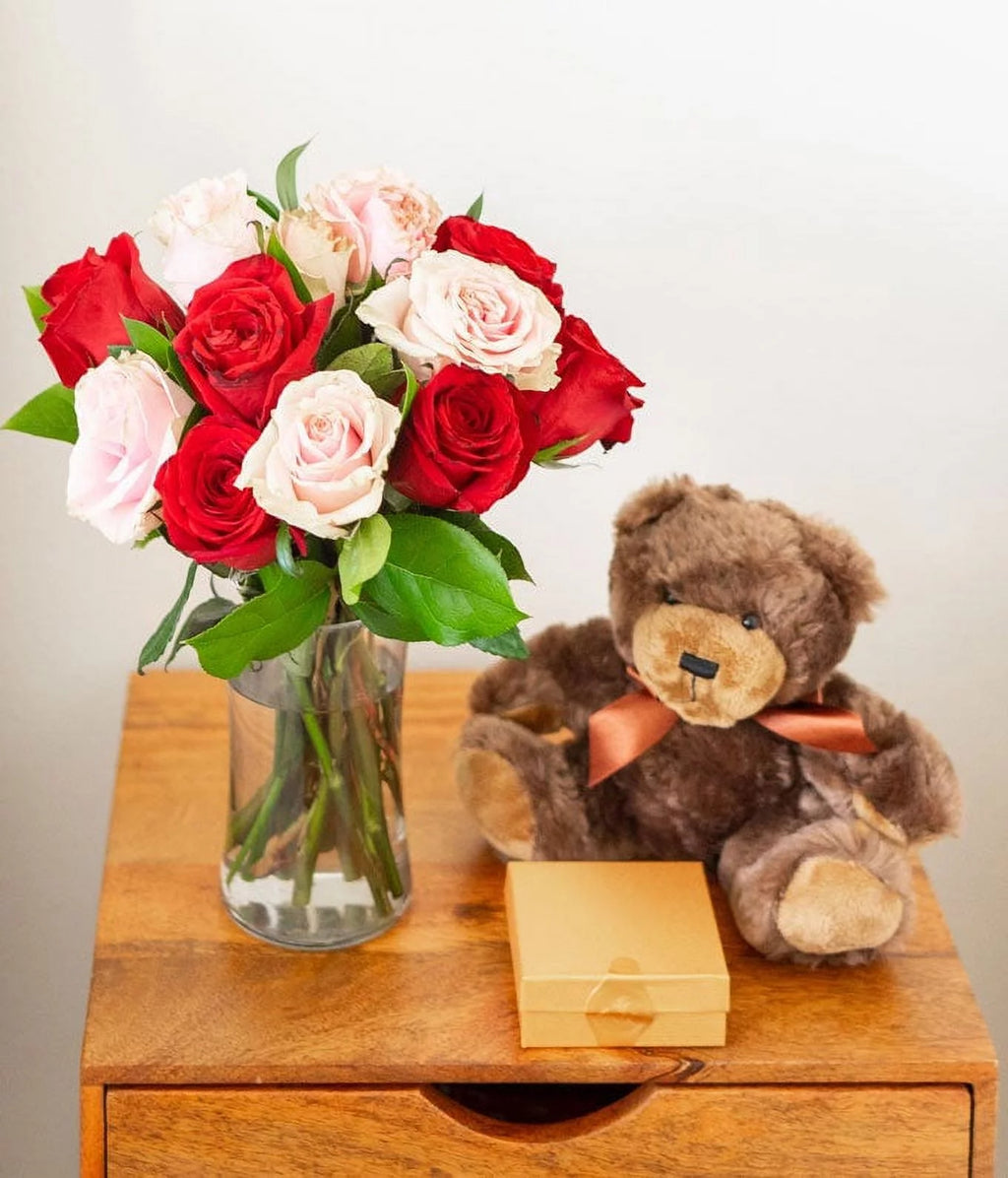 One Dozen Red & Pink Roses with Clear Glass Vase, Chocolates & Teddy Bear R939936