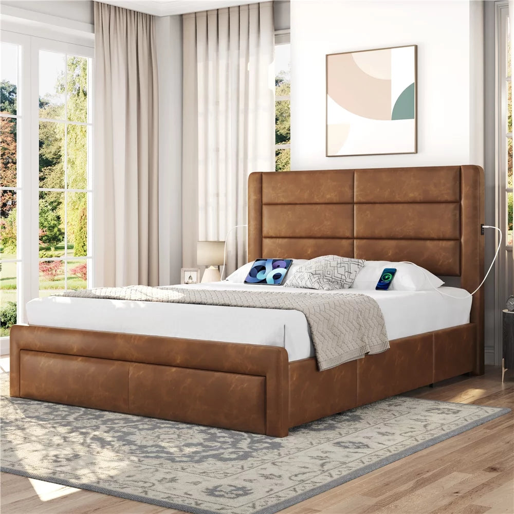 Upholstered Queen Bed with 3 Storage Drawers and USB Ports K196