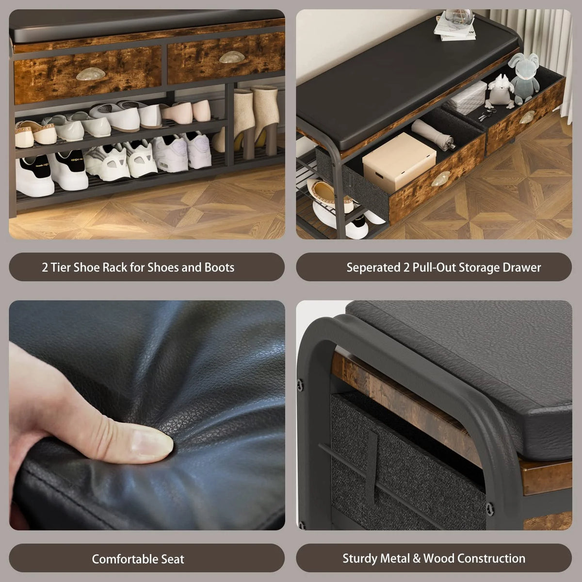 3 Tier Shoe Storage Bench with Padded Seating & Drawers C448640