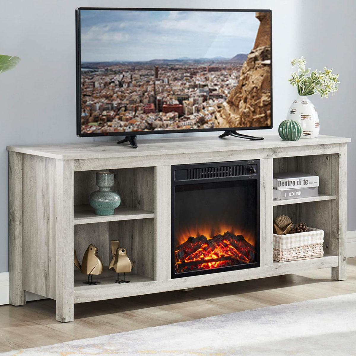 Light Grey Wooden TV Stand and Electric Fireplace R7124