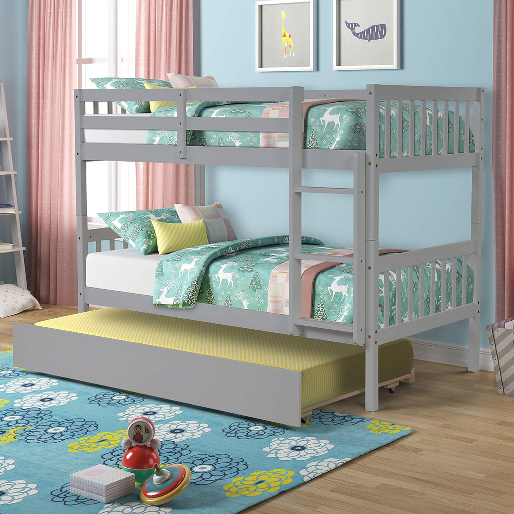Full Over Full Pine Wood Bunk Bed with Trundle and Guardrail M148