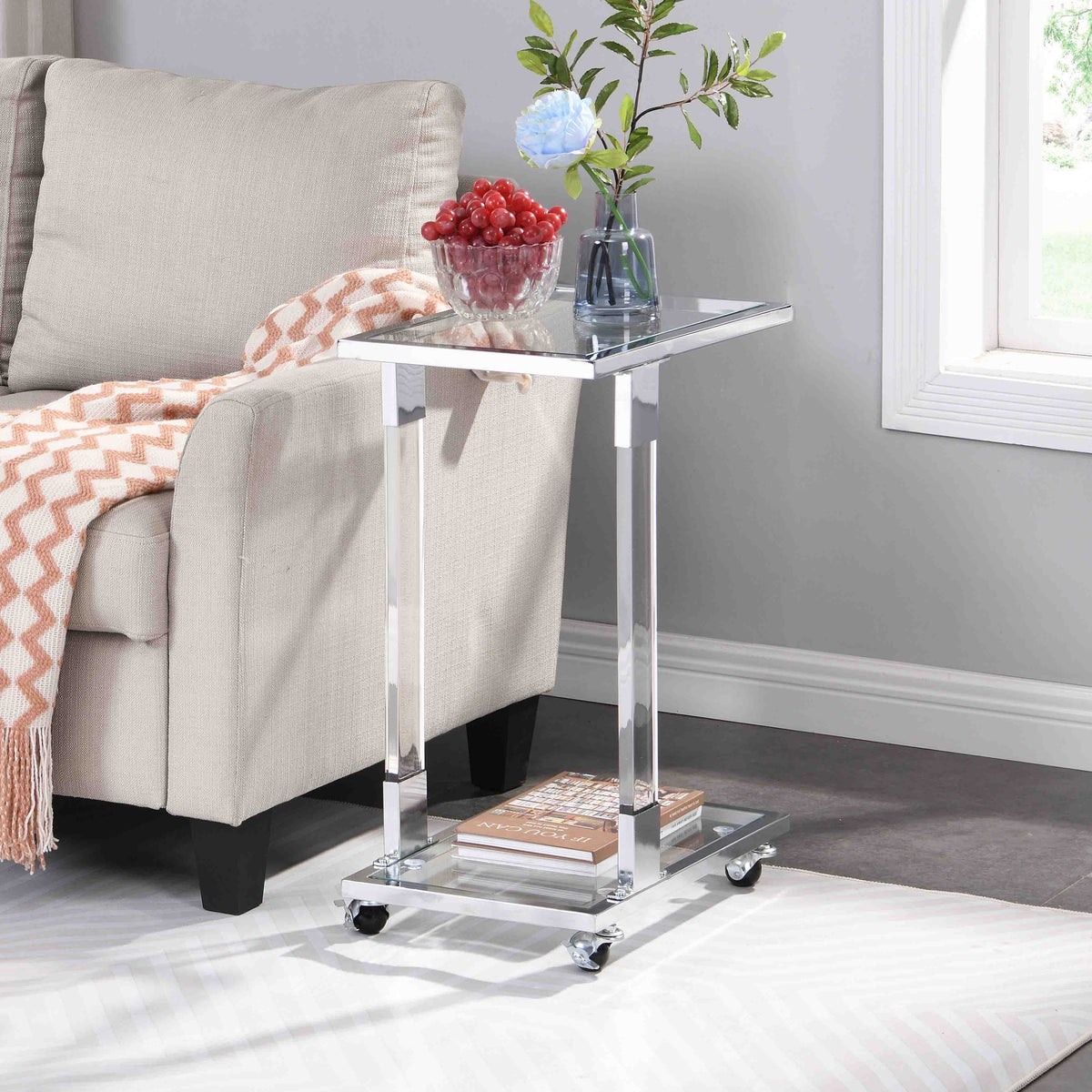 Chrome Glass C Shape Square Side Table with Metal Base E424