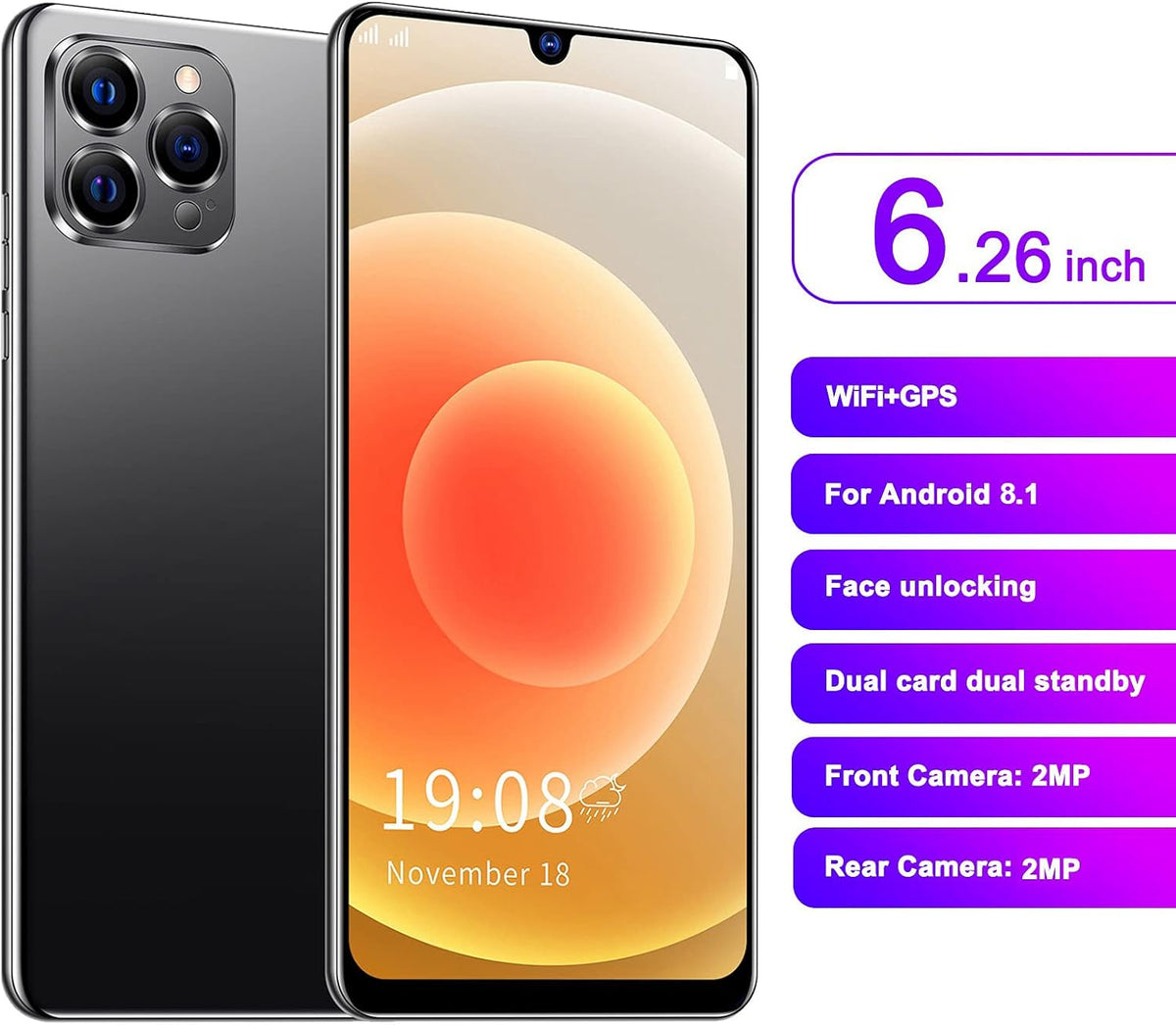 Unlocked Android Smartphone 6.26in Large Screen Dual Card Black R499