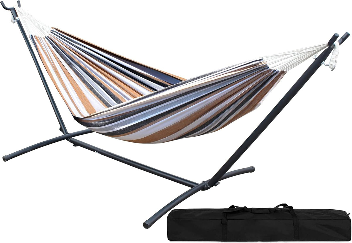 Double Hammock with Steel Stand 2 Person Heavy Duty 450lb Capacity Beige Pack of 2 H564291