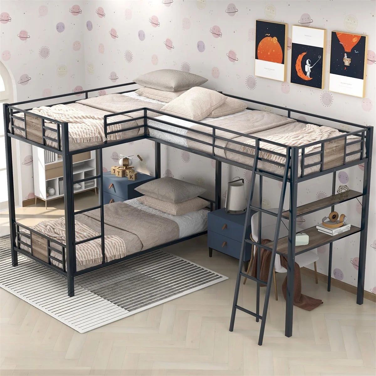 L-Shaped Twin over Twin Bunk Bed with Loft Bed and Desk Q869
