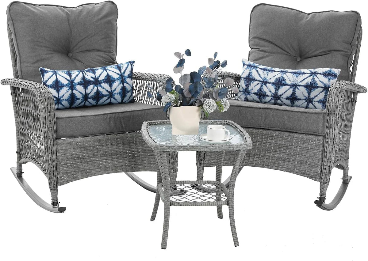 3-Piece Wicker Outdoor Rocking Chairs with Cushions and Table U886