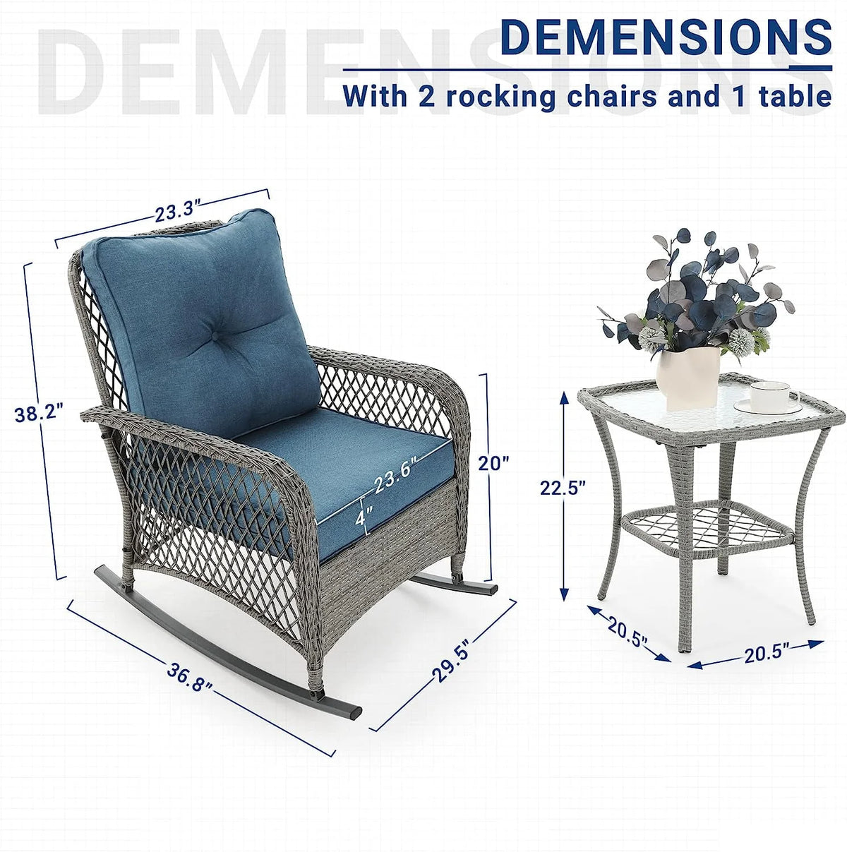 3-Piece Wicker Outdoor Rocking Chairs with Cushions and Table U886