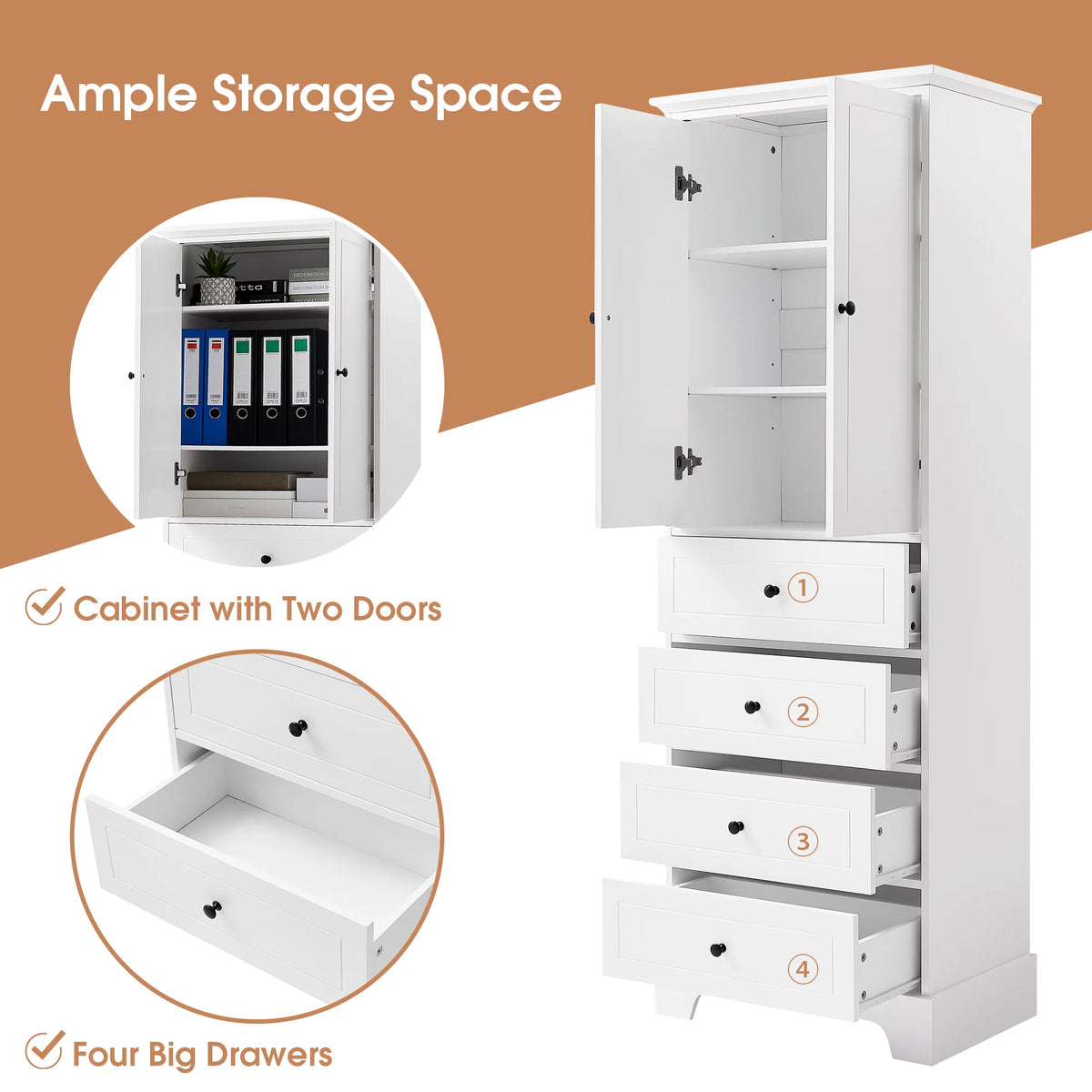 White Wooden Storage Cabinet with Adjustable Shelves and Drawers I46220