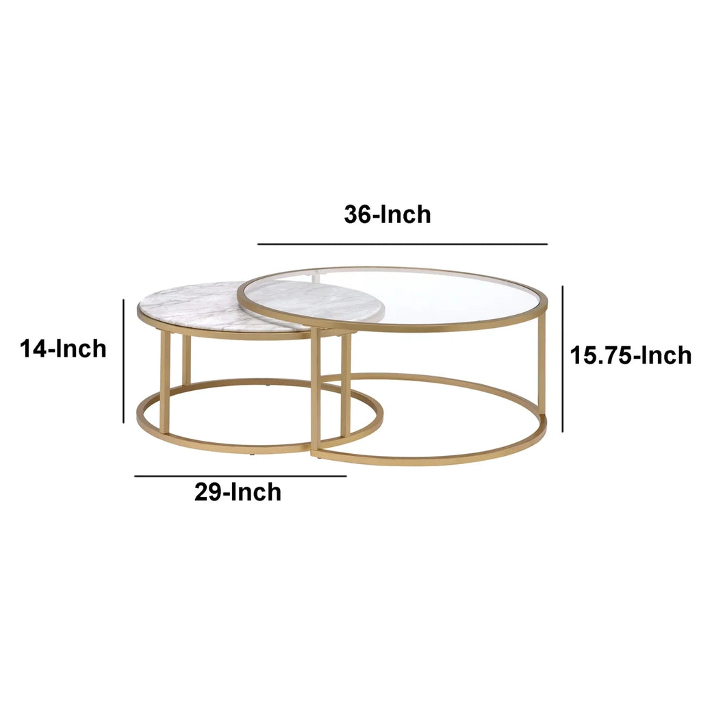 Metal Framed Nesting Coffee Tables with Glass and Marble Tops Set of Two Gold P406