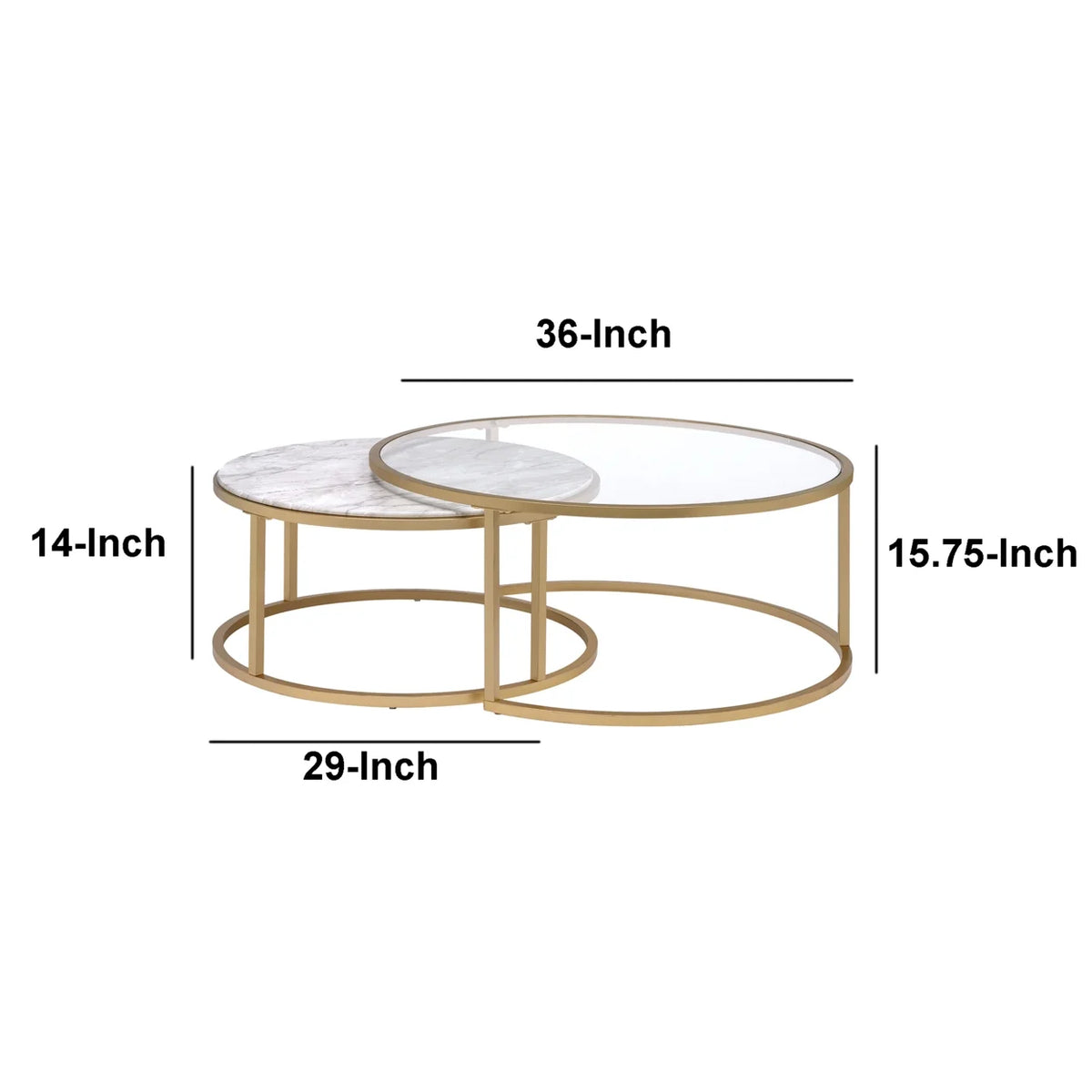 Metal Framed Nesting Coffee Tables with Glass and Marble Tops Set of Two Gold P406