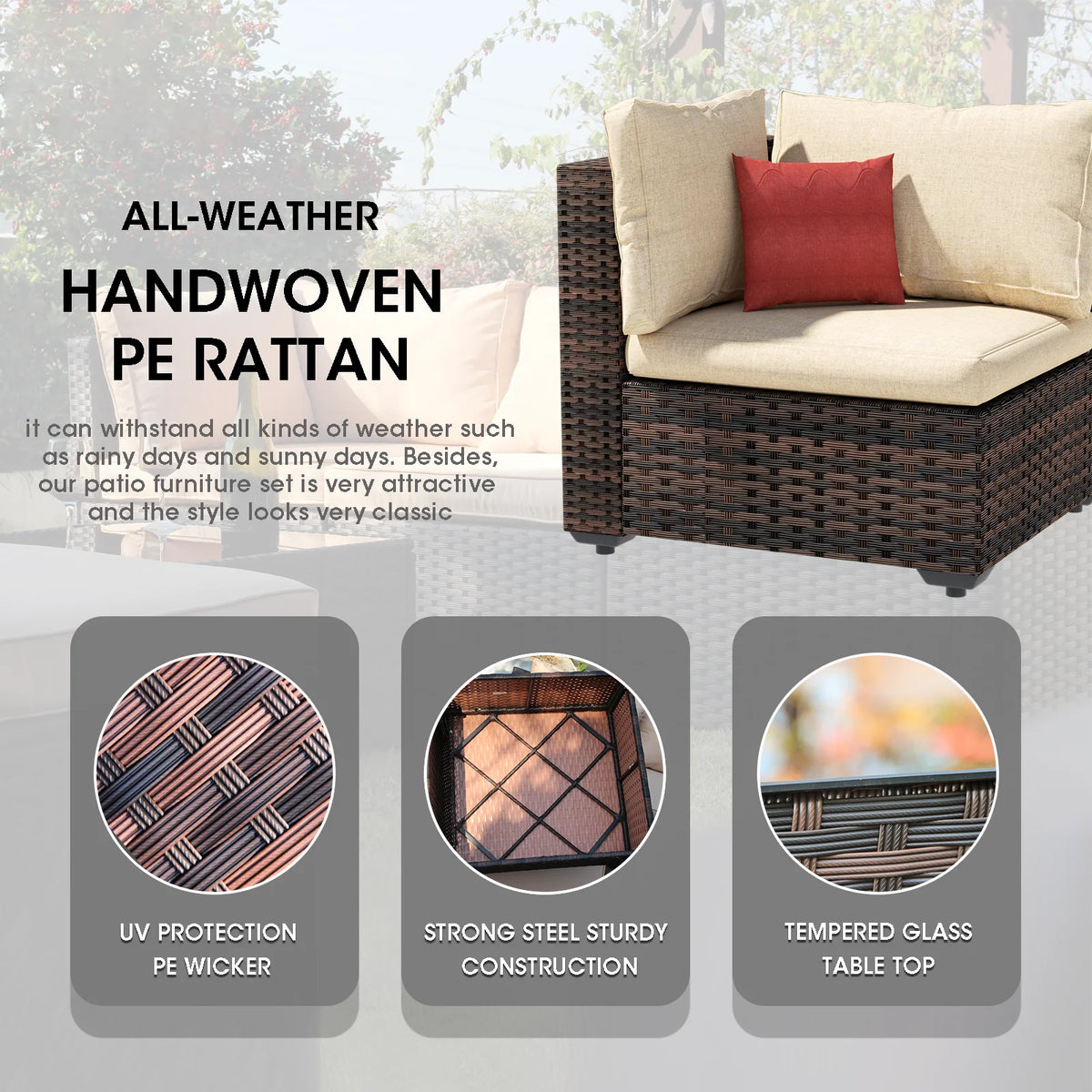 8 Pieces All Weather Wicker Sectional Sofa Set with Black-Glass Table R471