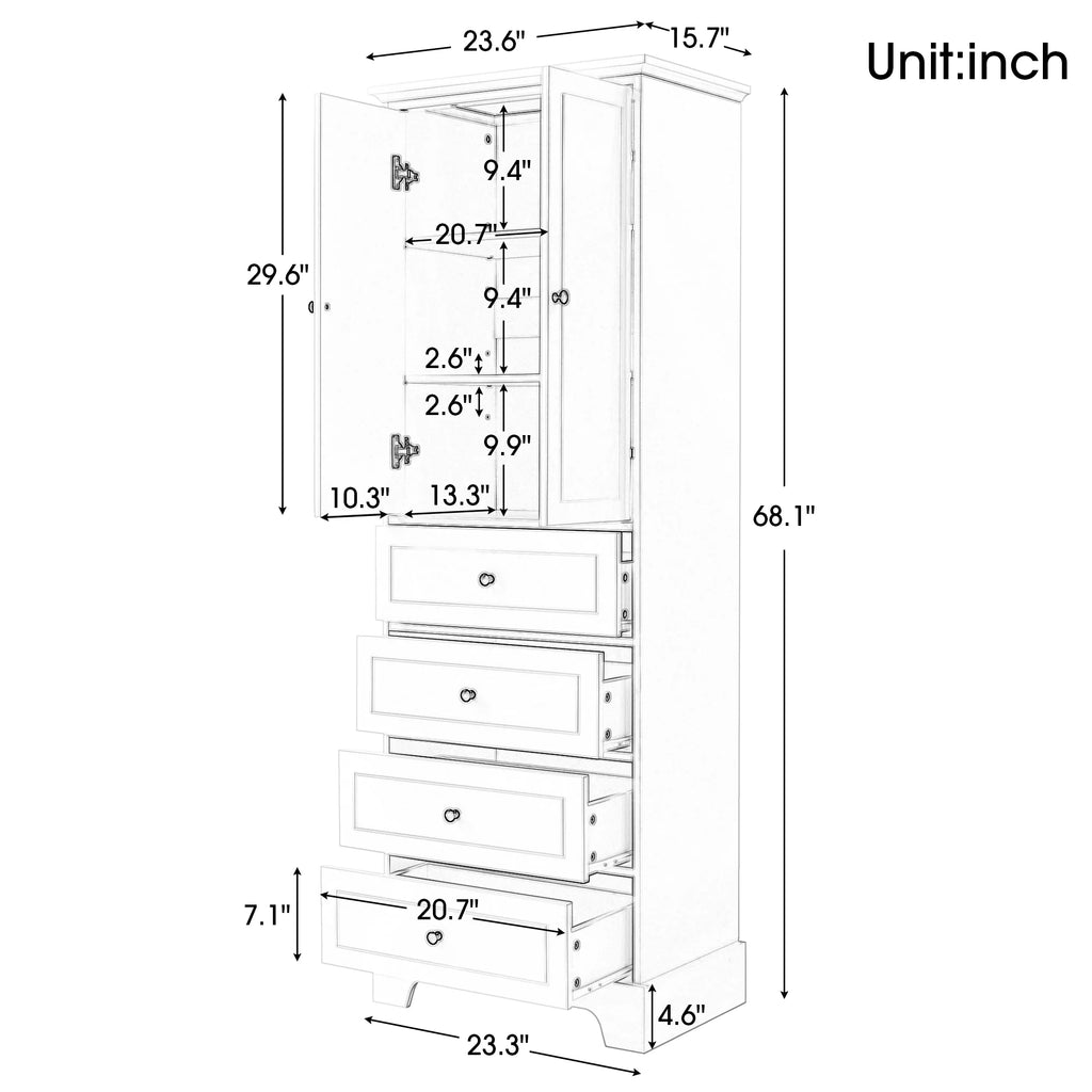 White Wooden Storage Cabinet with Adjustable Shelves and Drawers I46220