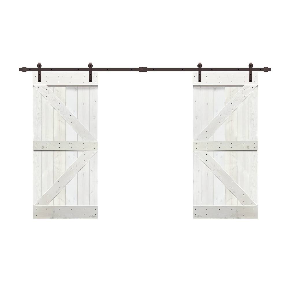 84 in. x 84 in. Oak Stained Knotty Pine Wood Interior Double Sliding Barn Door with Hardware Kit M942586