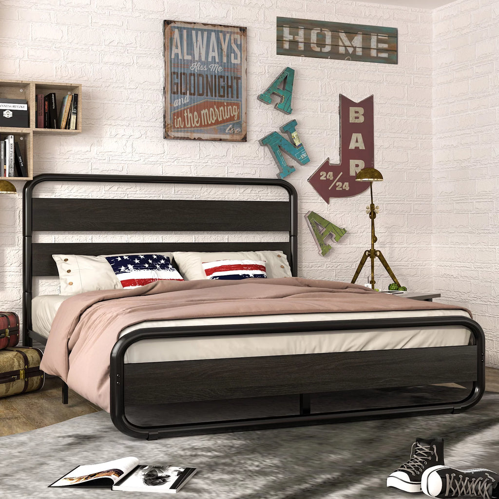 Full Size Metal Platform Bed Frame with Wooden Headboard & Footboard, Black J380146