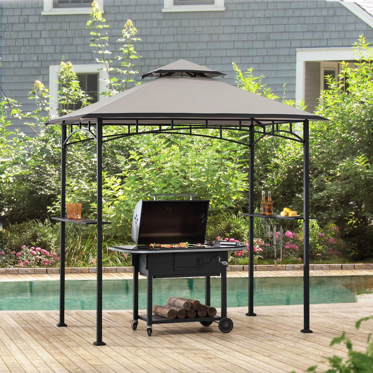 5 x 8 ft Black Steel Double Tiered Grill Gazebo X675362