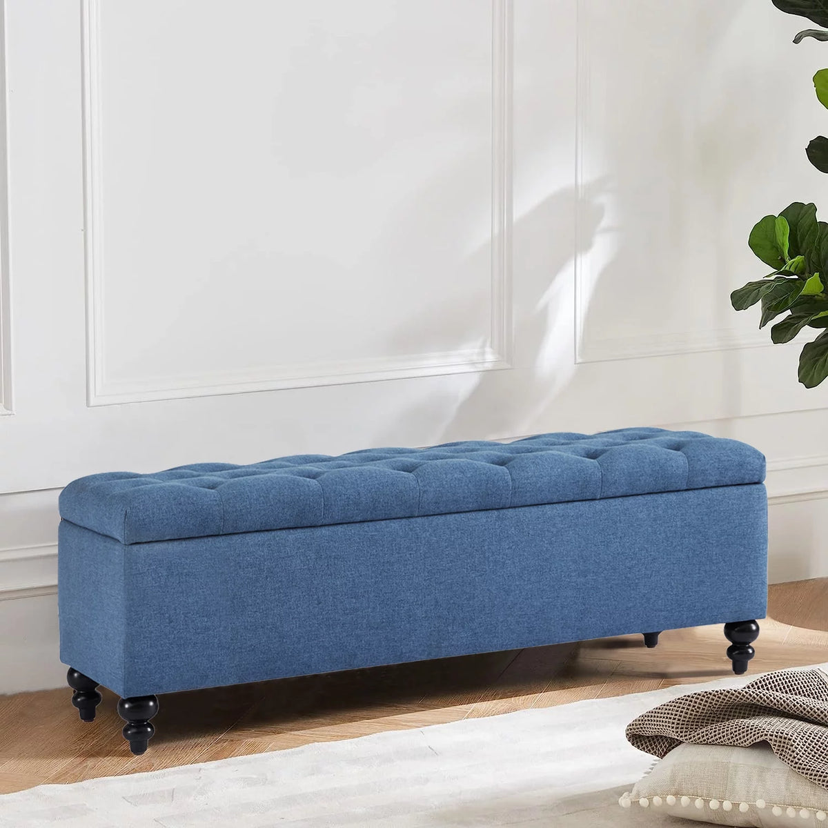 50.2" Blue Upholstered Storage Ottoman with Safety Hinge D3707