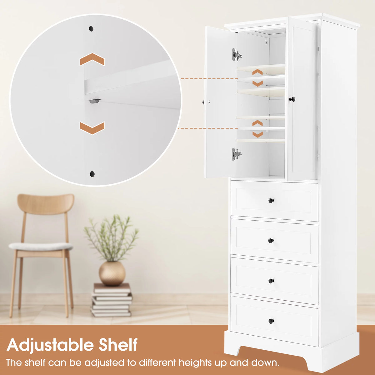 White Wooden Storage Cabinet with Adjustable Shelves and Drawers I46220