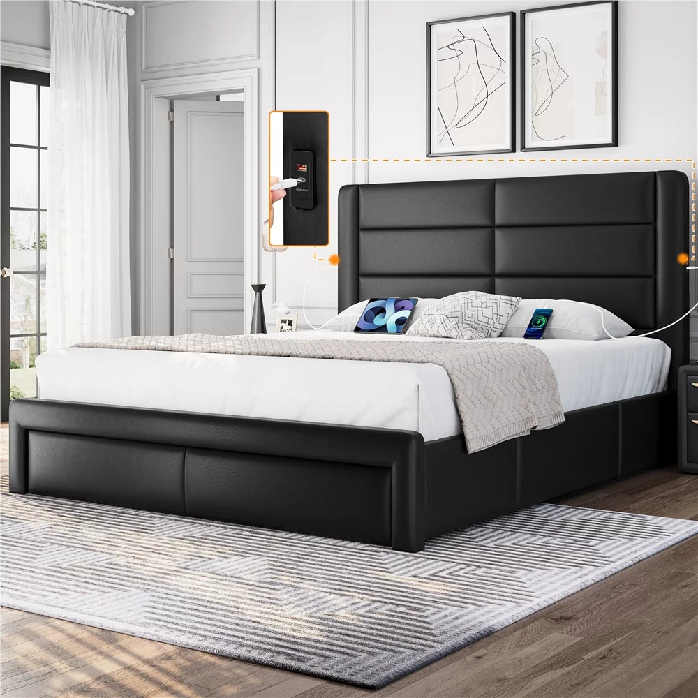 Upholstered Queen Bed with 3 Storage Drawers and USB Ports K196