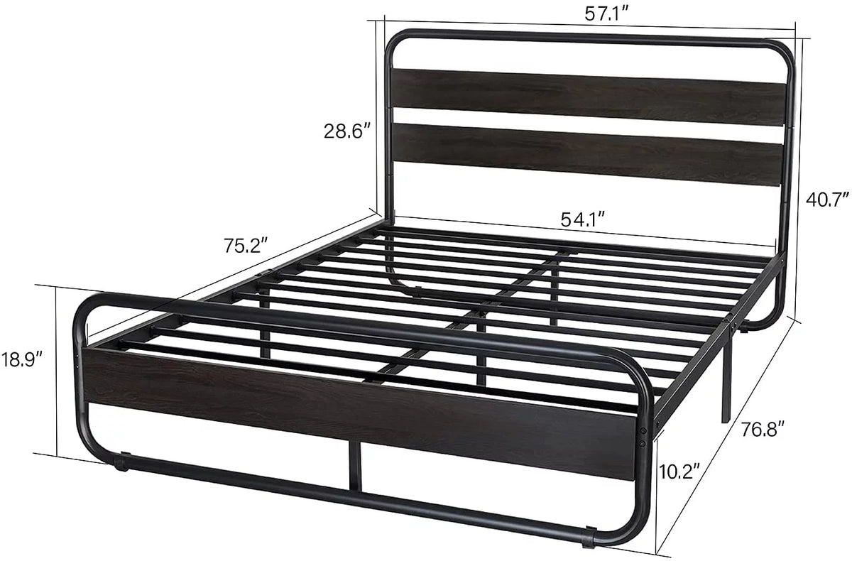 Full Size Metal Platform Bed Frame with Wooden Headboard & Footboard, Black J380146