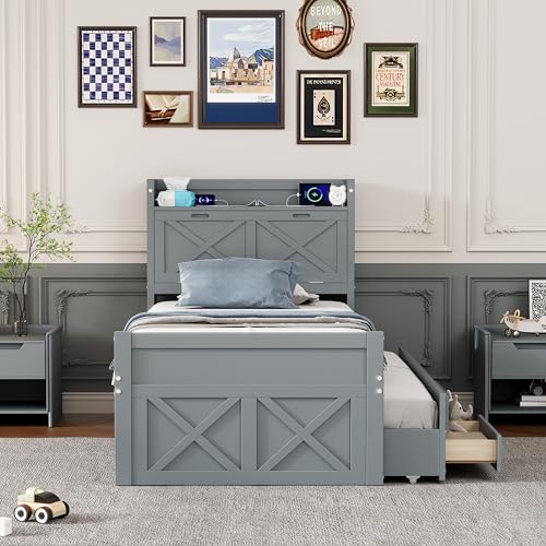 White Twin Size Wood Captain Platform Bed with Bookcase Headboard A6910