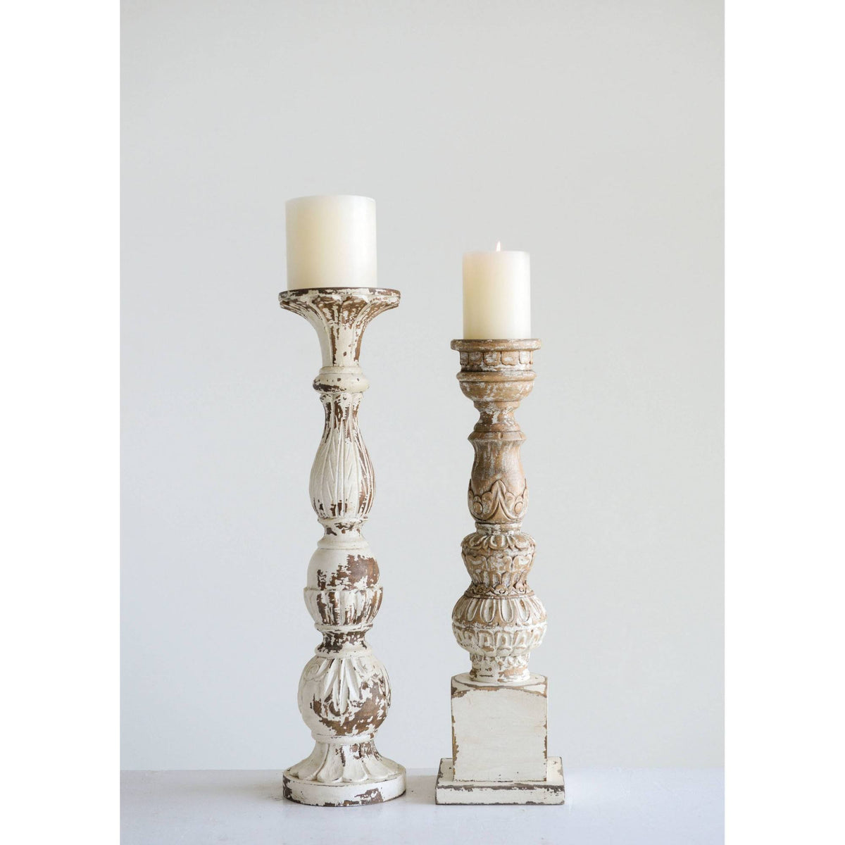Hand Carved Mango Wood Pillar Candle Holder L13814