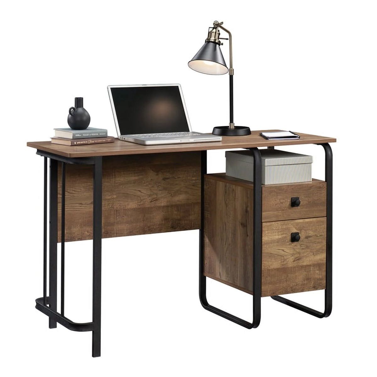 Contemporary Etched Oak Engineered Wood and Metal Desk Q5971